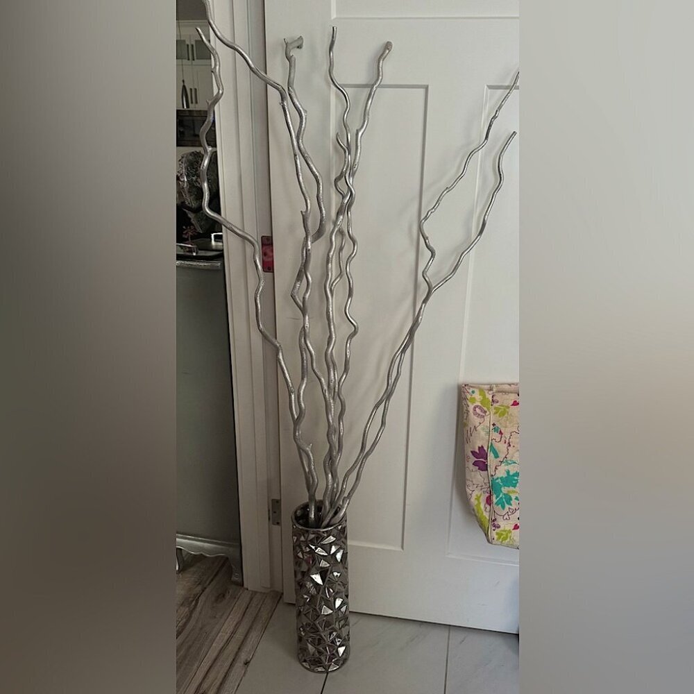 Vase pot & Decorative Branches sparkly grey silver vase geometric decor tall